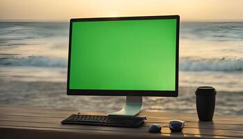 Computer on Beach with Green Screen photo