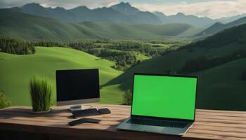 Laptop and Desktop with Mountain View photo