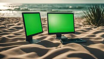 Computers on the Beach at Sunset photo