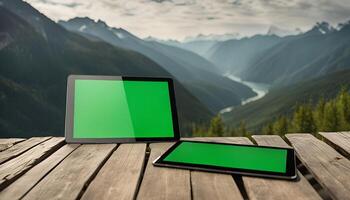 Two Tablets on a Wooden Table With Mountain View photo