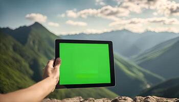 Hand Holding Tablet in Front of a Mountain View photo