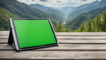 Tablet on a Wooden Table with Mountain View photo
