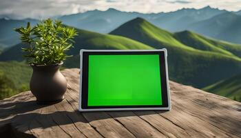 Tablet on a wooden table with a mountain background photo