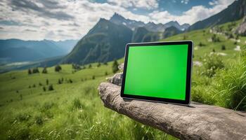 Tablet on a Log with a Mountain View photo