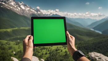 Green Screen Tablet Against Mountain View photo