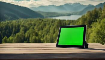 Tablet on Wooden Table with Mountain View photo