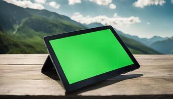 Tablet on Table with Mountain View photo