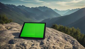 Tablet on Mountaintop with Green Screen photo
