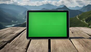 Tablet on a Wooden Table with a Mountain View photo