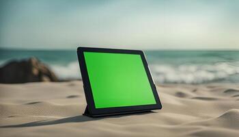 Tablet on the Beach with Green Screen photo