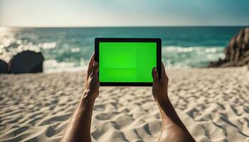 Man Using Tablet on the Beach photo