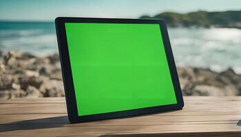 Tablet on a Wooden Table with a Beach in the Background photo