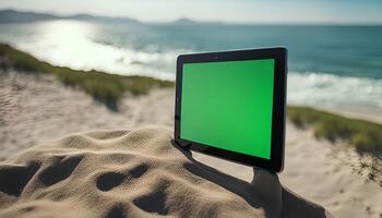 Tablet on a Beach with Green Screen photo
