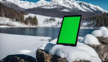 Tablet on Snowy Rock with Mountain View photo