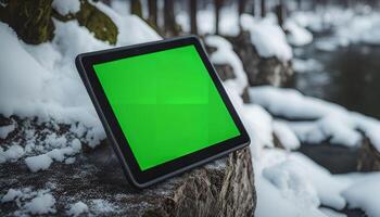 Tablet on a Snowy Rock by a Stream photo