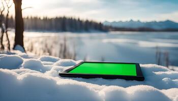 Tablet on snowy mountain with a lake in the background photo