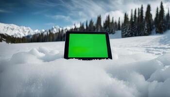 Tablet in the Snow with a Mountain View photo