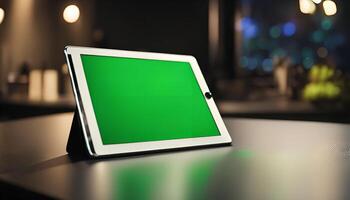 Tablet computer on a table with a green screen photo