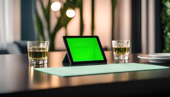 Tablet and Drinks on a Table photo
