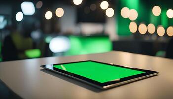 Tablet with Green Screen Display on Table in a Blurred Background photo