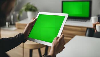 Person Using Tablet with Green Screen in a Modern Setting photo