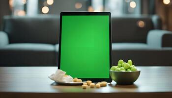 Tablet with Green Screen on a Table photo