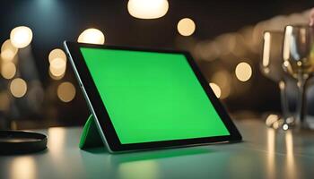 Tablet Computer with Green Screen on a Table in a Restaurant Setting photo