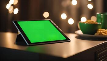 Green Screen Tablet on Table with Snacks and Bokeh Lights photo