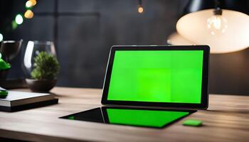 Green Screen Tablet on Wooden Desk photo