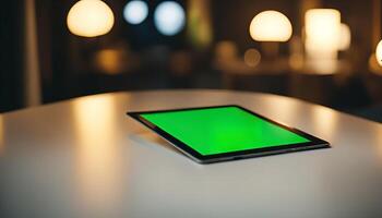 Tablet Computer on a Table in a Room with Lamps photo
