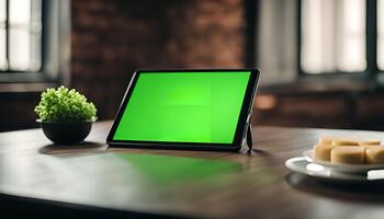 Tablet on Wooden Table with Green Screen photo