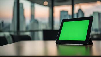 Tablet on Table with Blurred Cityscape View photo