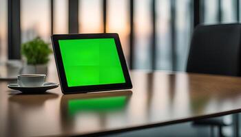 Tablet Computer on a Desk with Green Screen photo