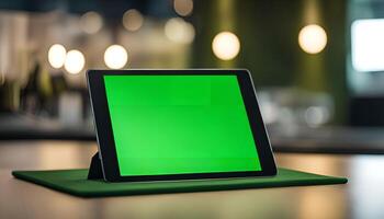 Green Screen Tablet Mockup on a Table photo