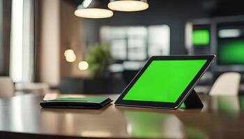 Tablet and Notebook on a Wooden Table in Modern Office photo