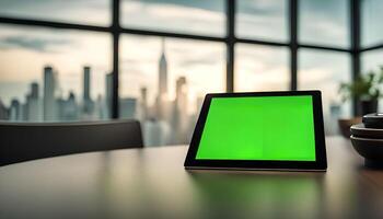 Tablet on a table with a city view photo