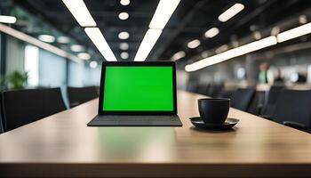 Laptop and Coffee Cup on a Conference Table photo