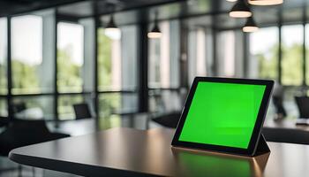 Green Screen Tablet on a Table in Office Setting photo