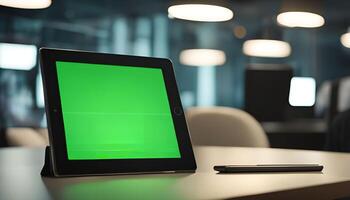 Tablet computer with green screen on table in office photo