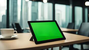 Tablet on a Wooden Table in an Office Setting photo