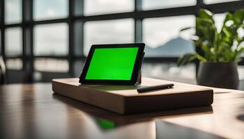 Tablet on wooden surface in front of window photo
