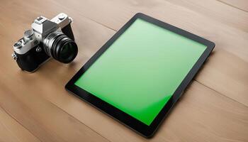 Camera and Tablet on a Wooden Table photo