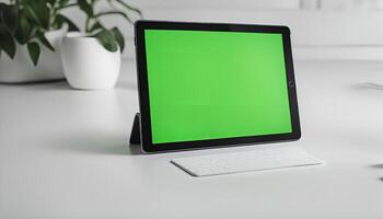 Green Screen Tablet and Keyboard on a Desk photo