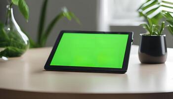 Tablet Computer with Green Screen on a Table with Plants photo