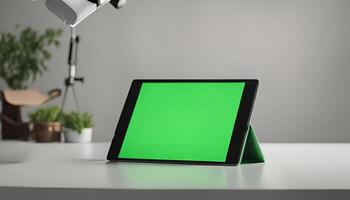 Green Screen Tablet on White Desk photo