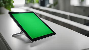 Tablet on a Table with Green Screen in an Office or Classroom Environment photo