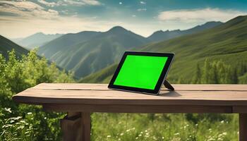 Tablet on Wooden Table with Mountain View photo