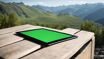Tablet on a wooden table with mountain view photo