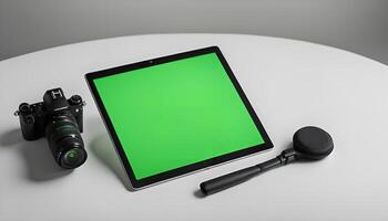 Camera, Tablet, and Microphone on a White Table photo