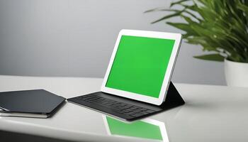 Tablet Computer on a Desk with Green Screen photo